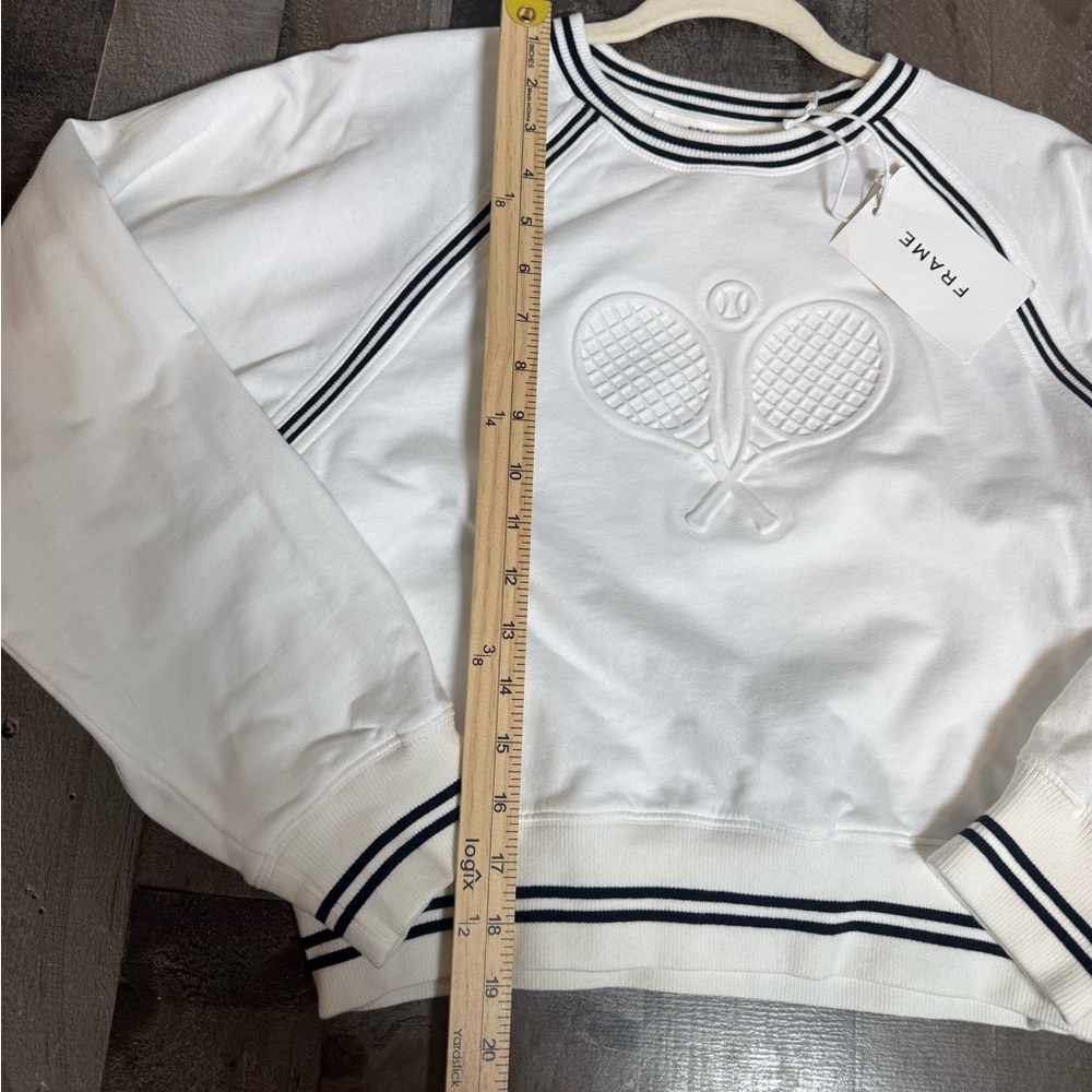 FRAME The Tennis Sweatshirt White Cropped Crewneck Logo Sporty Preppy NWT Small - Picture 3 of 9